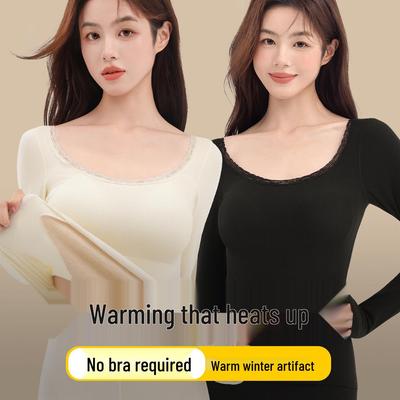 Women's Thermal Innerwear Set: Fleece-Lined, Padded, Seamless Top for Autumn/Winter.