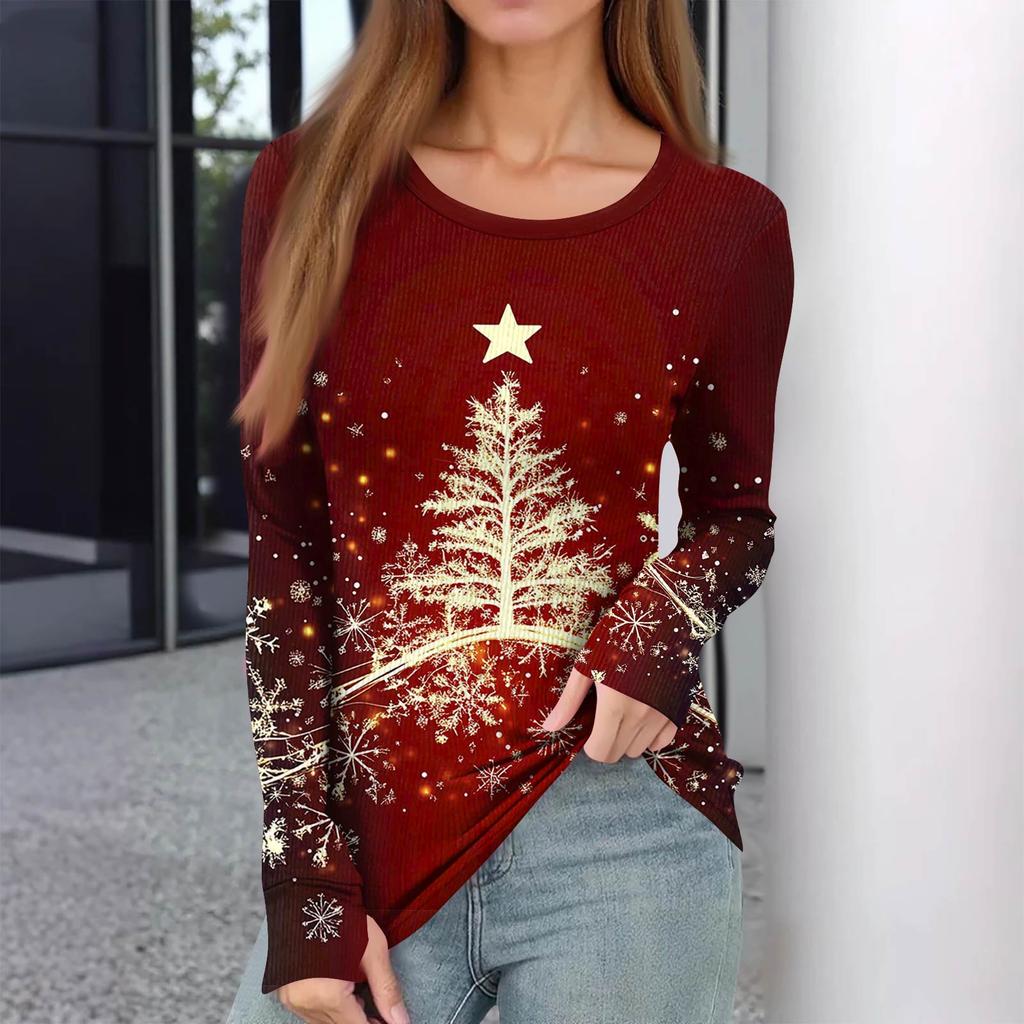 Women's Winter Slim Bottom T-shirt Fashion Casual Gradient Printing Round Neck Pullover Long Sleeve Top