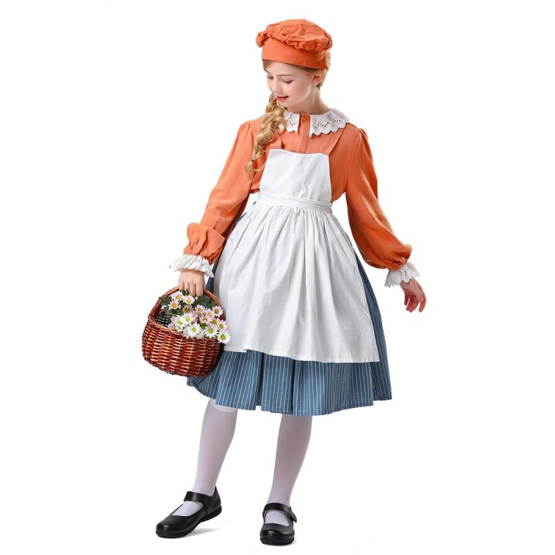 Kids Orange Maid Costume Dress Stage Performance Cosplay 17Y Below