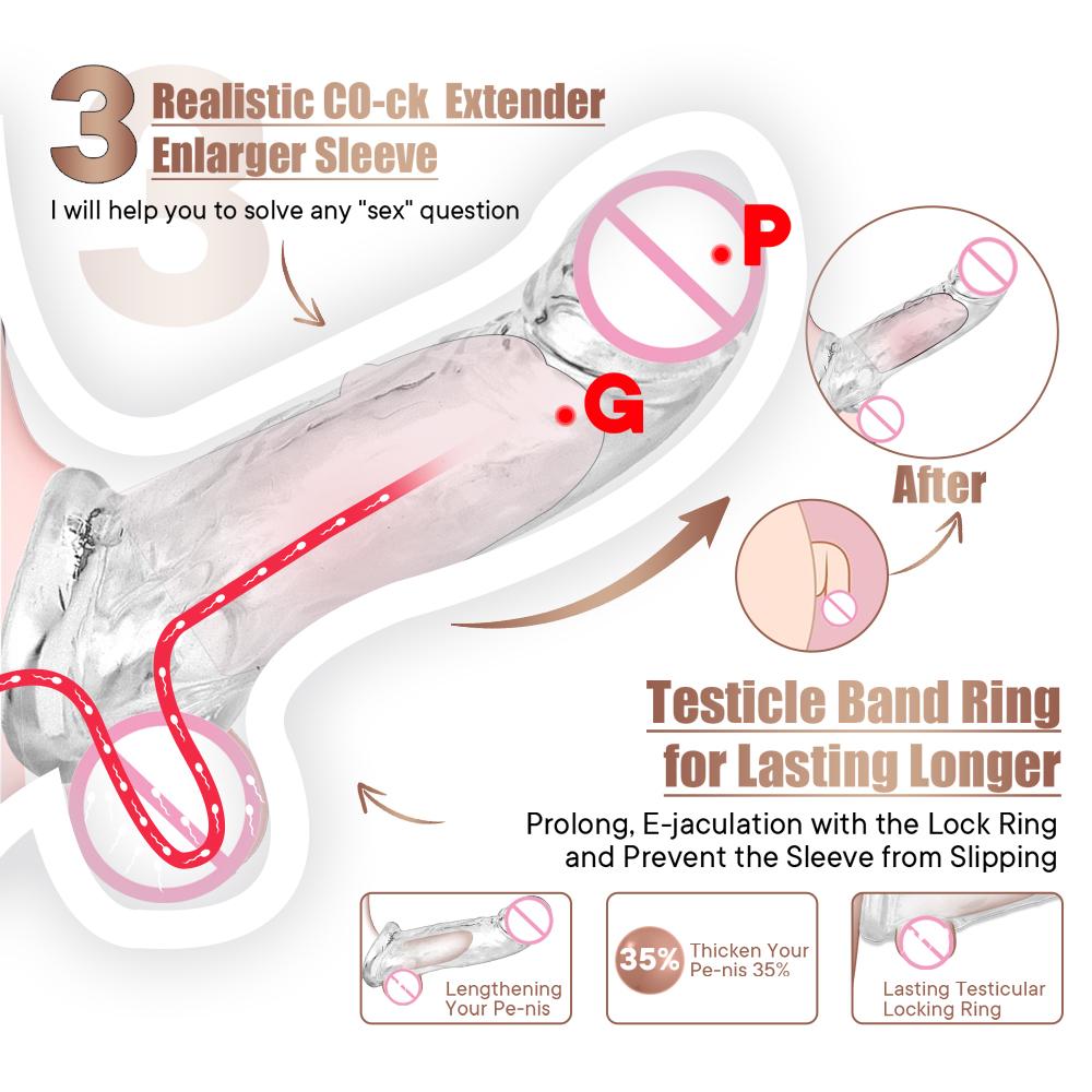 3 Size Reusable Condom Penis Sleeve Cock Ring Penis Extender Male Penis Enlarger Adult Sex Toys for Men