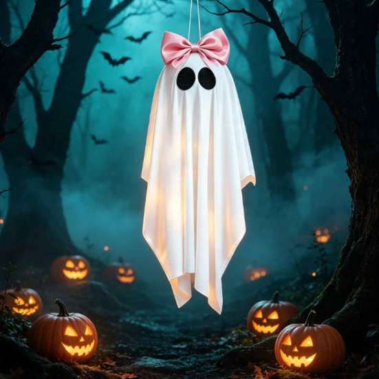Sweet Cool Style Ghost Pendant Pink Bow Halloween Hanging Decoration, 31.5 Inch Cute Flying Creative Holiday Decor for Front Porch Yard Garden