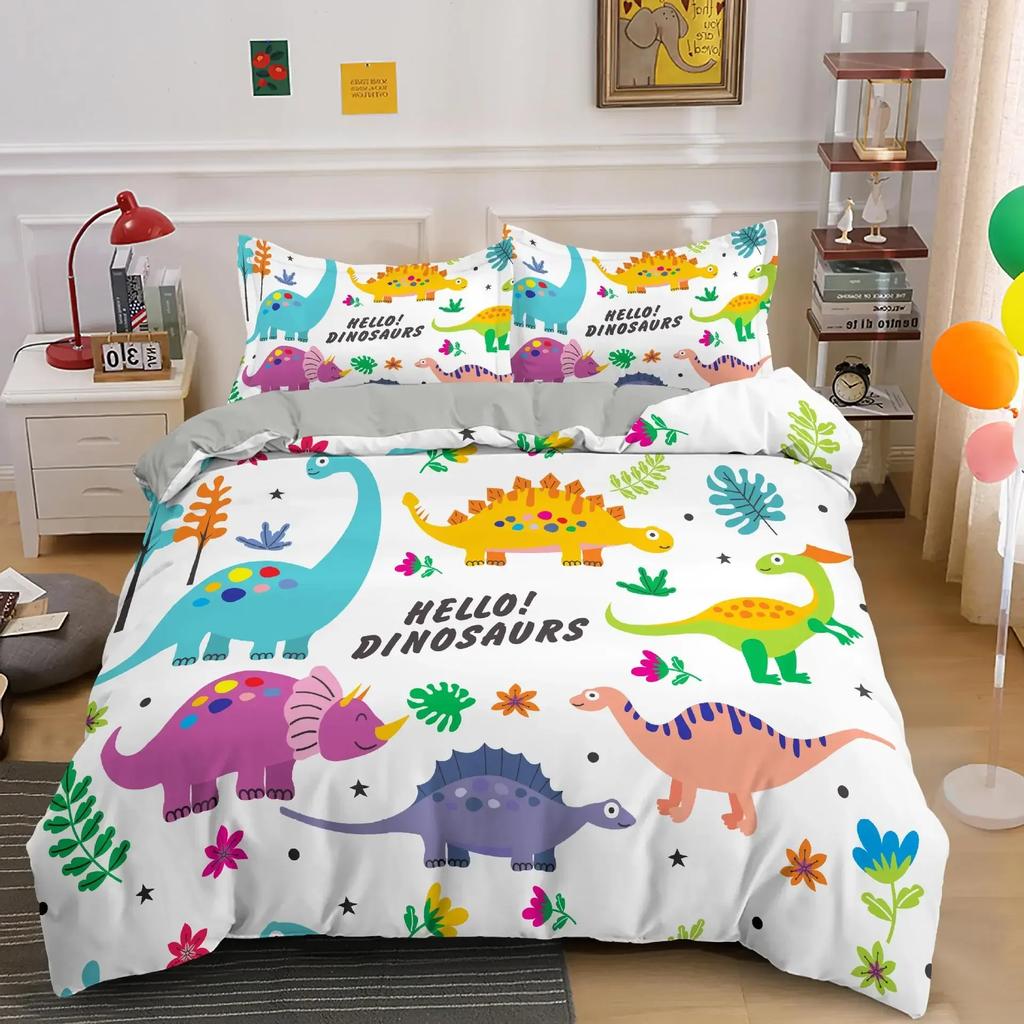Niedlicher Dinosaurier 3D Cartoon Tier Bequemer Bettbezug Bettdecke Kissenbezug Bettwäscheset Kinder Schlafzimmer Dekoration Heimtextil