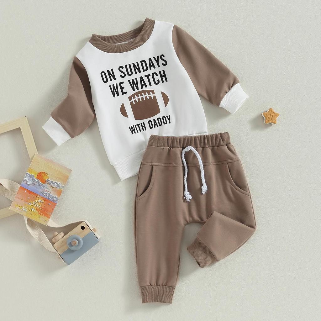 Toddler Boys 2 Piece Outfits 6M 12M 18M 24M 3Y Rugby Letter Print Long Sleeve Sweatshirt and Elastic Pants for Baby Fall Spring Clothes