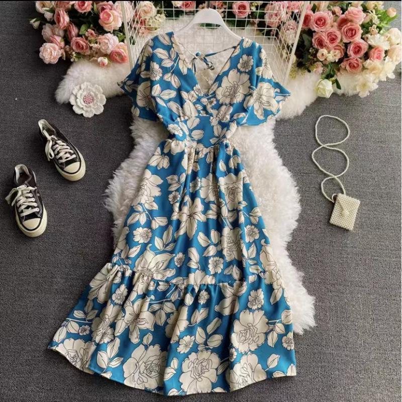 Summer French Platycodon Skirt Temperament V-Neck Waist Skinny Printed Over Knee Flared Sleeve Chiffon Floral Dress