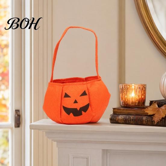 Halloween Gift Bag Pumpkin Candy for Kids, Small Trick or Treat Bucket, Reusable Soft Face Basket with Handle Party Decoration
