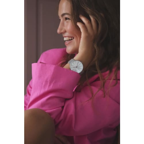 ARNE JACOBSEN BANKERS 53102-2008 40mm Watch, Scandinavian Design, Water Resistant (Quiet Design with No Second Hand), White with Silver Mesh Strap