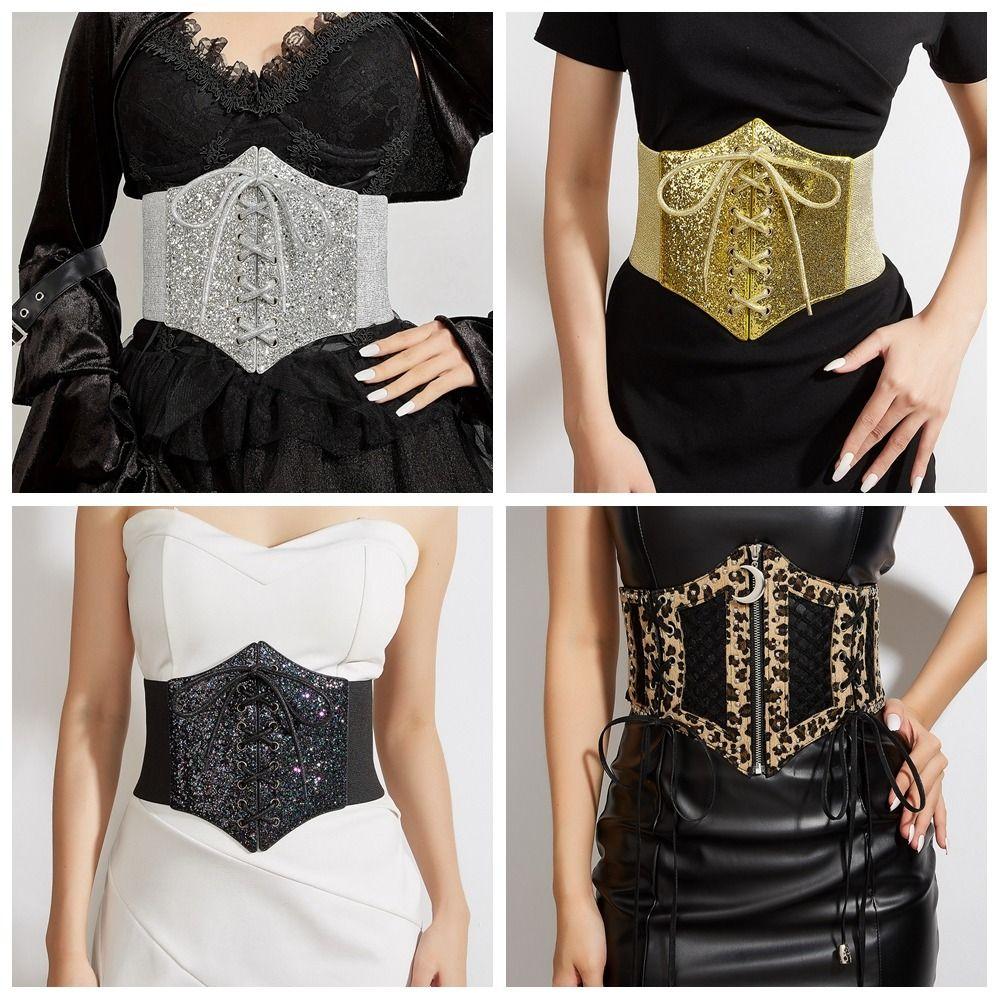 Elastic Gold Cummerbunds Shinny Blingbling Corset Belt Personality Leopard Print Waistband  Women