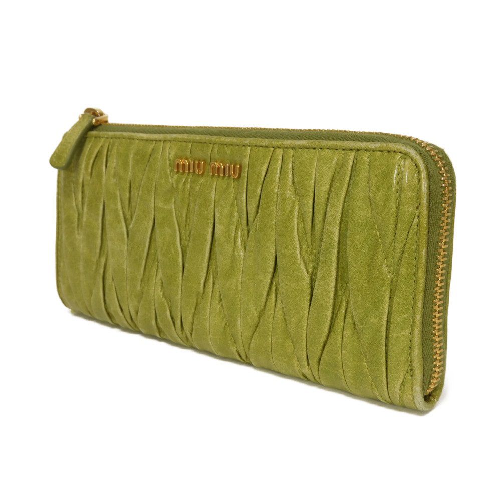Used Matelasse Zip Around Wallet (12166) with wrinkled L-shaped zipper (5M1183 7940) Logo Metal Light Green Women's