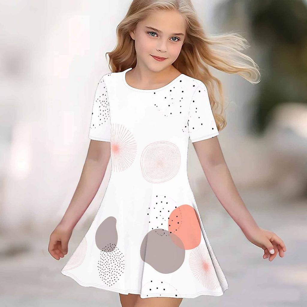 Girls 3D Print Dresses Kids Girl Party Short Sleeve Princess Dress Tank 3D Flowers Print Dress