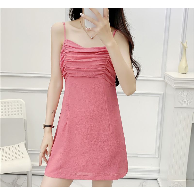 

Плиссированное Сексуальное Платье Без Спины на Тонких Бретелях Топ-Труба Pink S