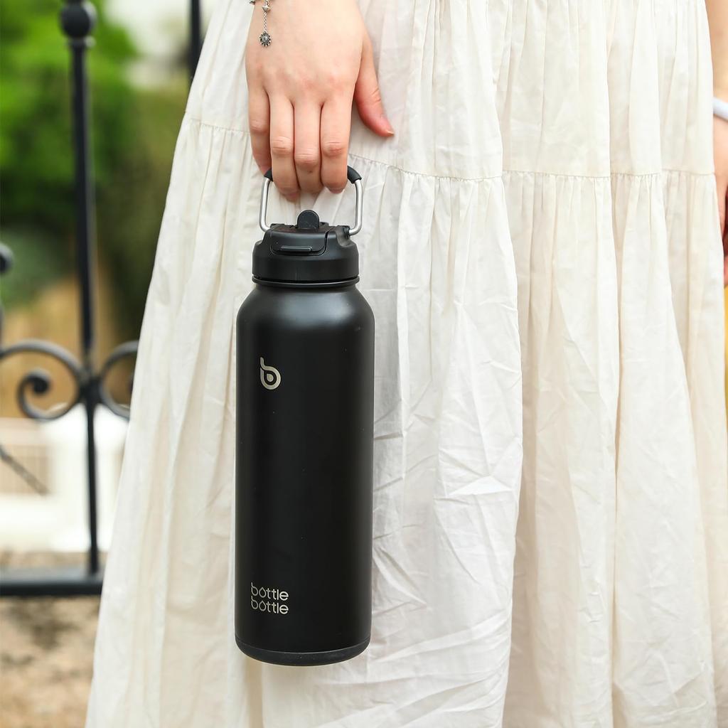 BOTTIGLIA BOTTIGLIA Acqua 1 Grande Bottiglia Inox con Thermos Sportiva Nera, Litro, Capacità, Acciaio, Prova, Coperchio a 2 Vie, Ragazze, Ragazzi, Adulti, Cannuccia,