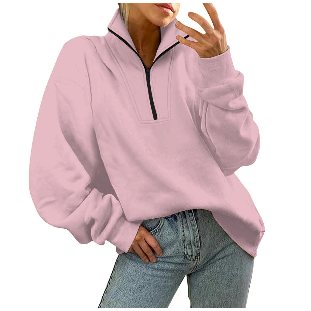 Sweat-shirt décontracté pour femme à la mode, couleur unie, col en V, zippé, ample, manches longues, poche latérale