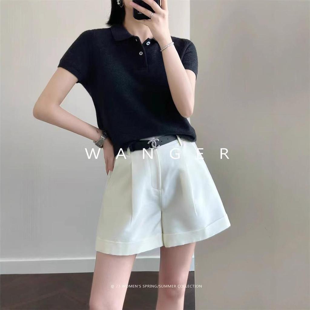 Women's Spring/Summer Short Sleeve Wool Polo Shirt - Solid Color, Turn-Down Collar Knit Top