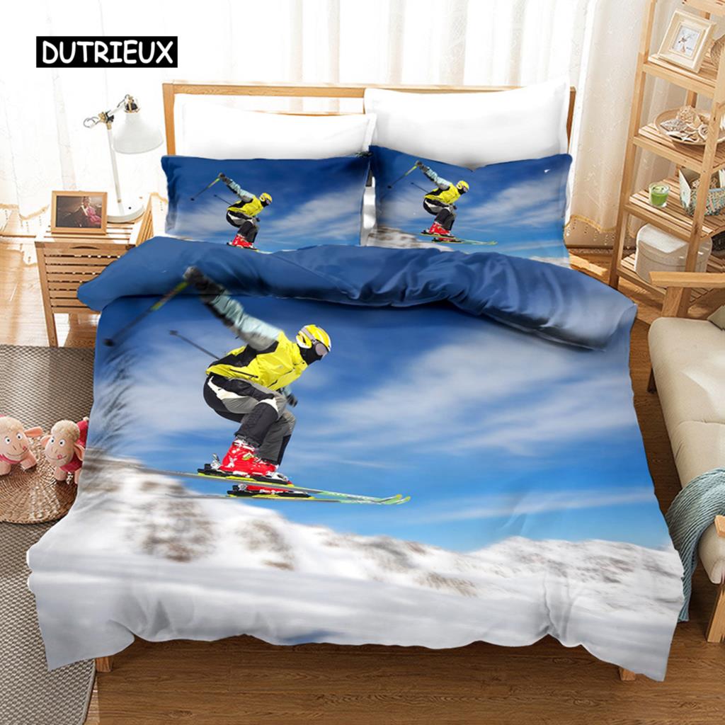Ski Bettbezug Mikrofaser Extremsport Thema Einzelbettwäsche Winter Sport Ski Schnee Berglandschaft Queen King Bettdeckenbezug