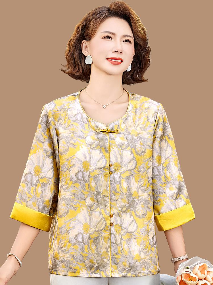 Mom's Spring Chinese-Style Mid-Sleeve Shirt for Middle-Aged Women