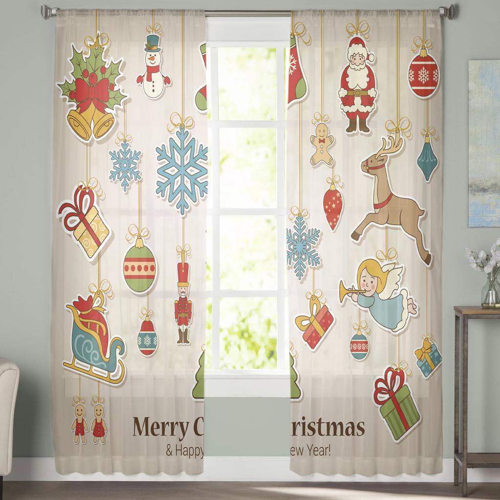 Christmas Elk Cartoon Gift Tulle Curtains For Living Room Decoration Modern Chiffon Sheer Voile Kitchen Curtain