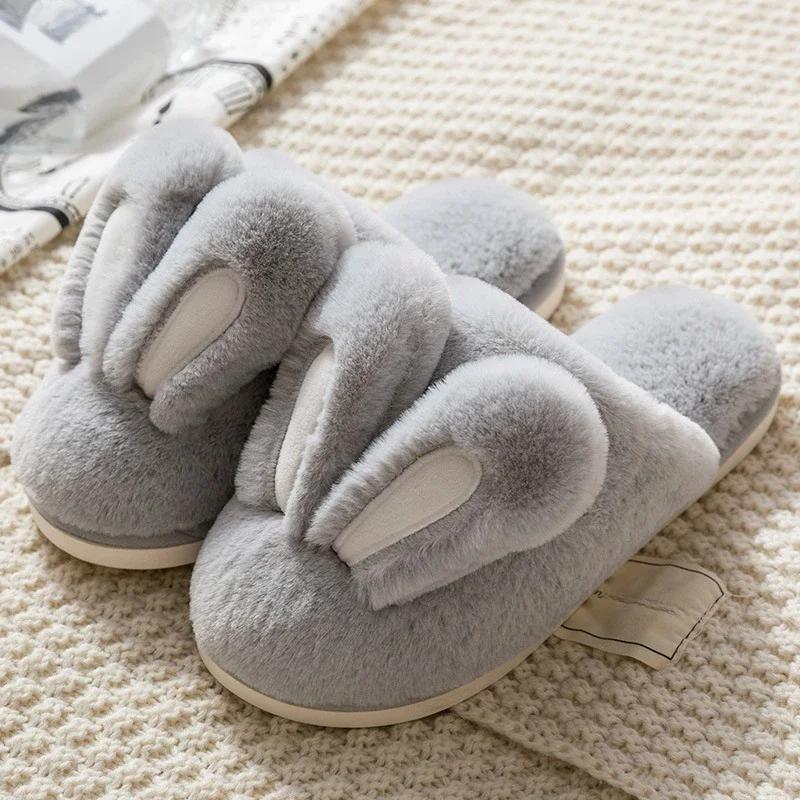 Women Warm Faux Fur Slippers Cute Rabbit Ear Indoor Slipper Soft Plush Anti-slip Winter Female Home Floor Shoes Slippers Women