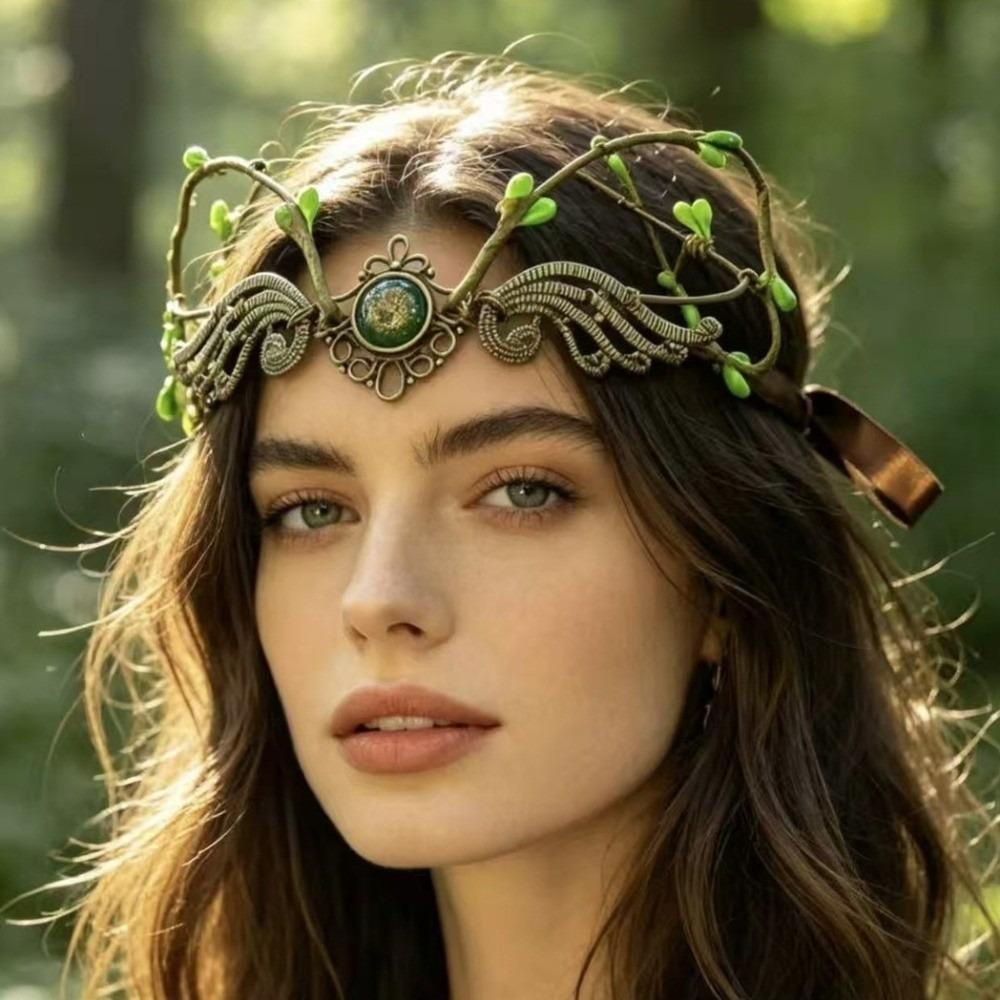 Flower Vine Elven Crown Diadem Rhinestone Decorated Elf Tiara Head Band Simulate Tree Leaves Fairy Headpiece Bridal Wedding