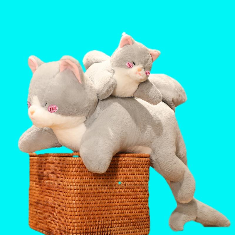 Wucifang Bags Unisex Gray 50/70/90Cm Kawaii Grey Cat Plush Pillow With Shark Tail Soft Stuffed Toy Gift For Kids