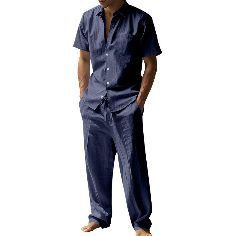 Summer Linen Lapel Short-sleeved Shirt Set Men's, Casual Trousers Two-piece Set, European and American Men's Clothing