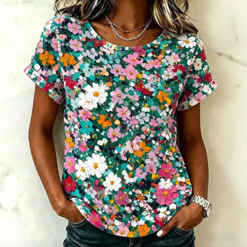 Mori Colorful Small Floral Round Neck Short-sleeved Women's Idyllic Loose Casual Summer Top