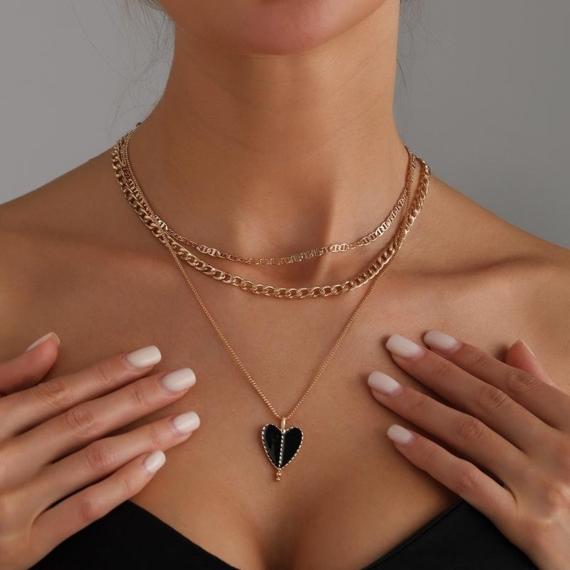 Elegant Drip Glaze Heart Charm Necklace Multi Layering Pendant Jewelry Accessory Adjustable Length Retro Design