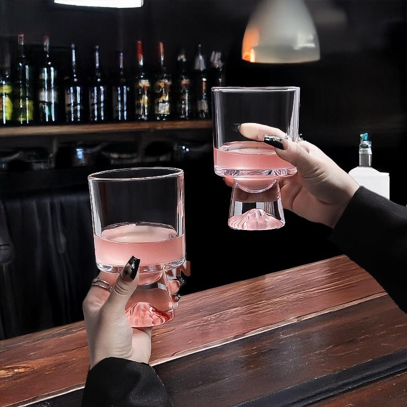 Pink Mountain Glass Cup, High-end Niche Slightly Tipsy High Footed Cups, Dessert Coffee Cup, Whiskey Glass, Barware Wine Glasses