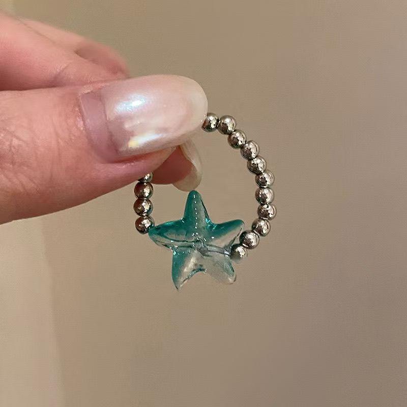 2Pcs/Set Sweet Starfish Blue Zircon Open Rings For Women Girls Ocean Style Simple Star Finger Ring Aesthetic Jewelry Y2K