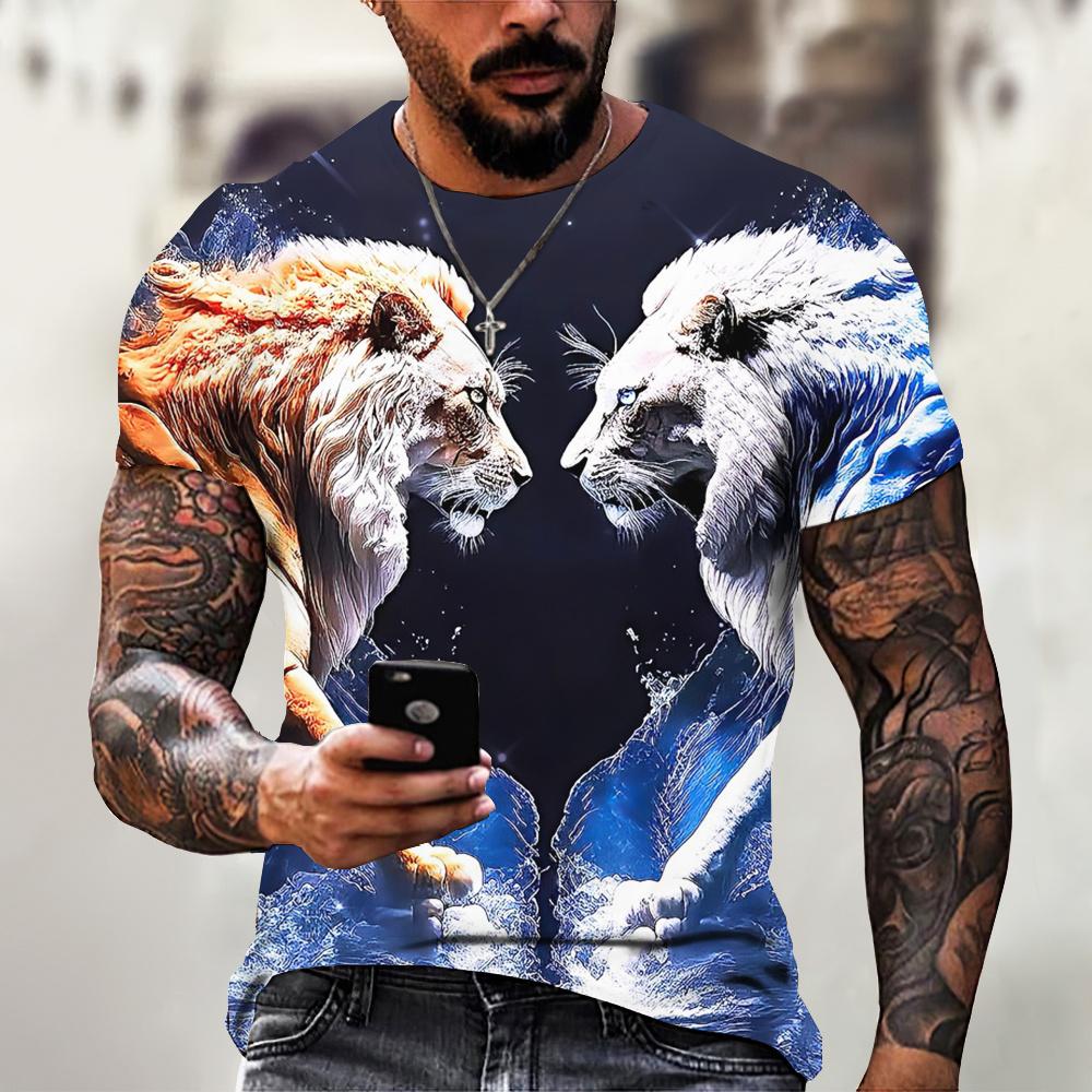 

Летний топ с круглым вырезом и 3D-принтом животного льва, модная повседневная мужская футболка с коротким рукавом XS