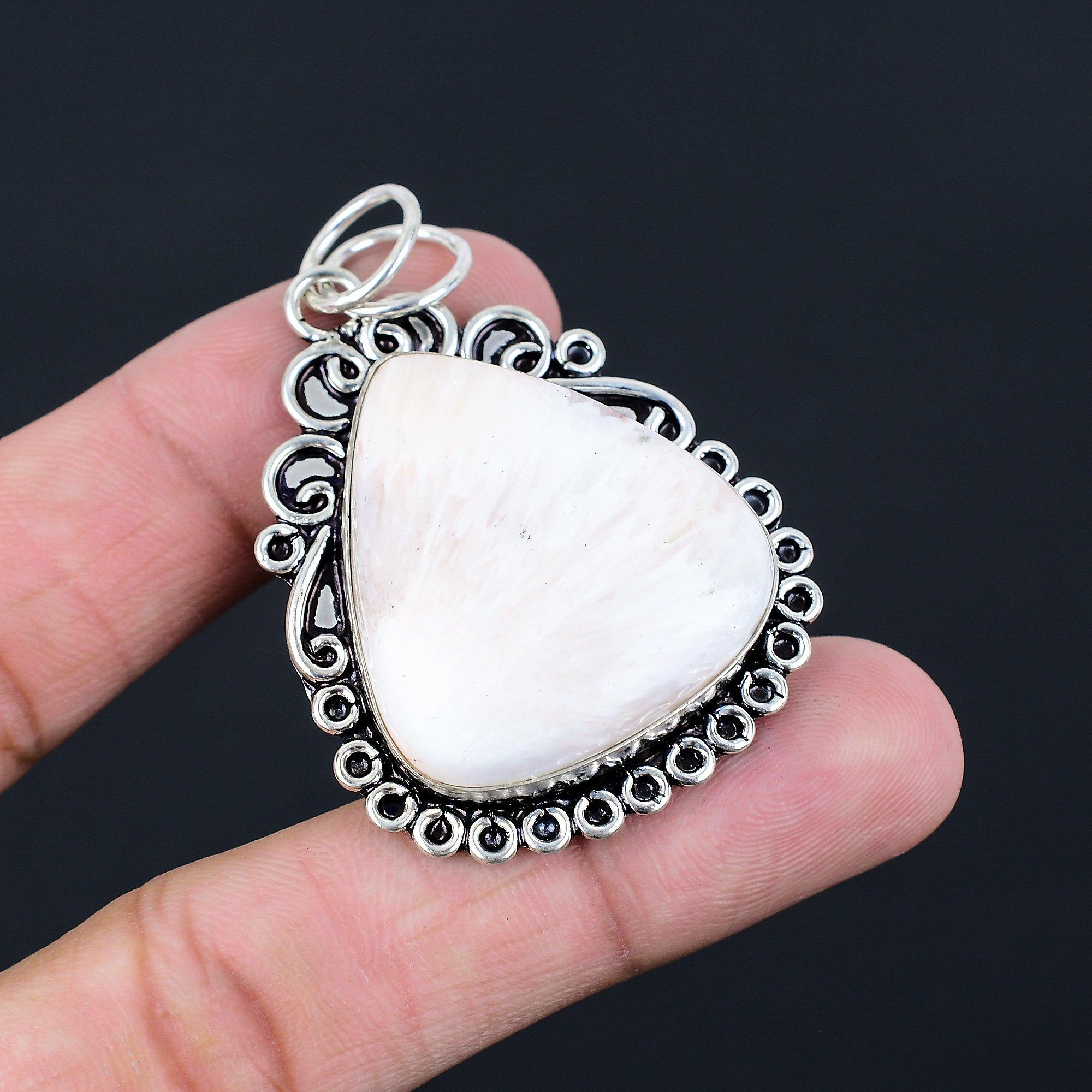 Sterling Silver Crown Chakra Pear Natural Scolecite Handmade Bezel Boho Pendant