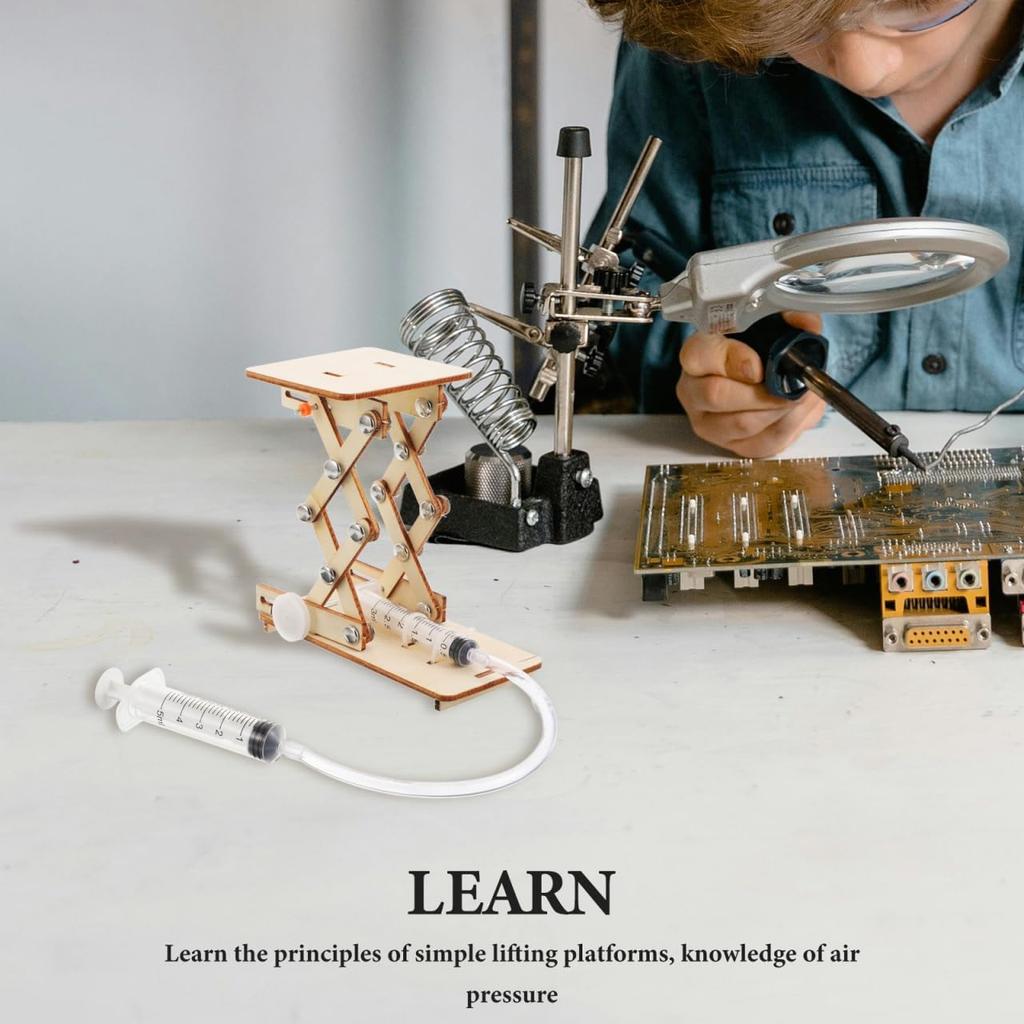 Toyvian Creative Science Toy for Kids, Wooden Hydraulic Lift Model Assembly Puzzle, Educational DIY Mechanical Kit, Stem Learning Toy for Boys and