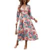 Damska sukienka swingowa z nieregularnym geometrycznym nadrukiem, głębokim dekoltem w serek, talią, długim rękawem typu lampion