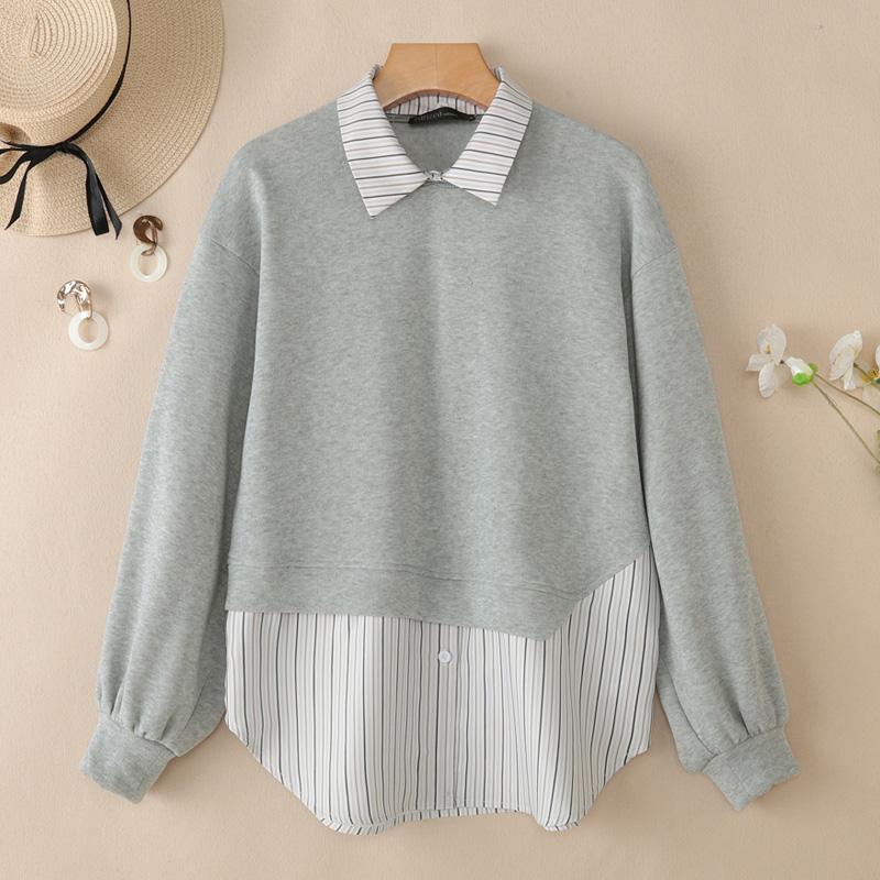 ZANZEA Women Stripe Splice Turn Down Collar Long Sleeve Thin Pullover Sweatshirt
