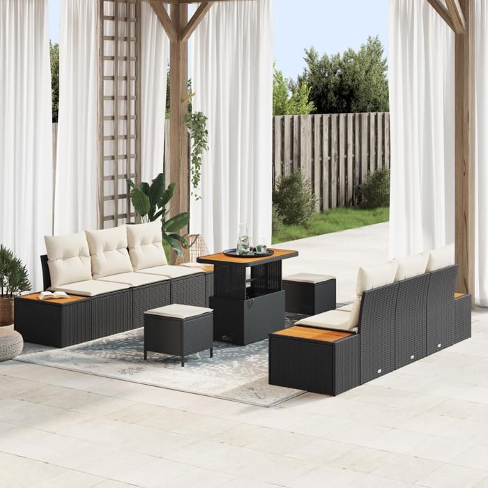 Canapés de jardin 9 pièces avec coussins Noir Poly Rattan Acacia, Salle à manger de jardin 3 pièces avec coussins Noir Poly 3362870