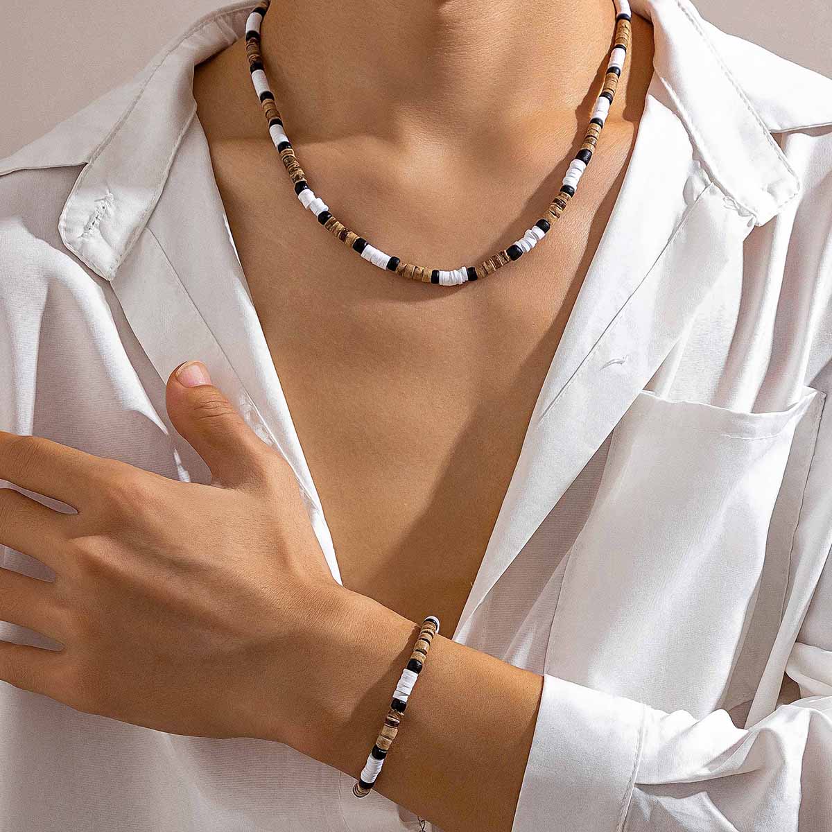

2Pcs/Set Fashion Vintage Rustic Wooden Beaded African Necklace Bracelet Set Simple Surfer Chain Tribal for Men Accessories Gift