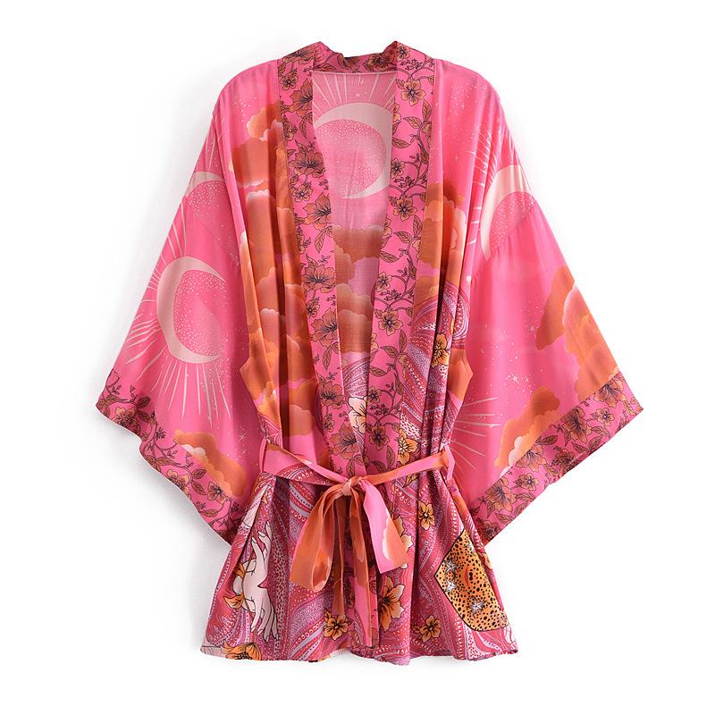 

2024 Spring Women s Floral Kimono Cardigan with Cotton Waistband Medium розовый