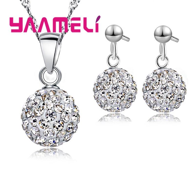 925 Sterling copper Stamped Bridal Zircon Sets Women Girls Wedding Gifts Austrian Crystal CZ Disco Ball Necklace Hoop Earrings