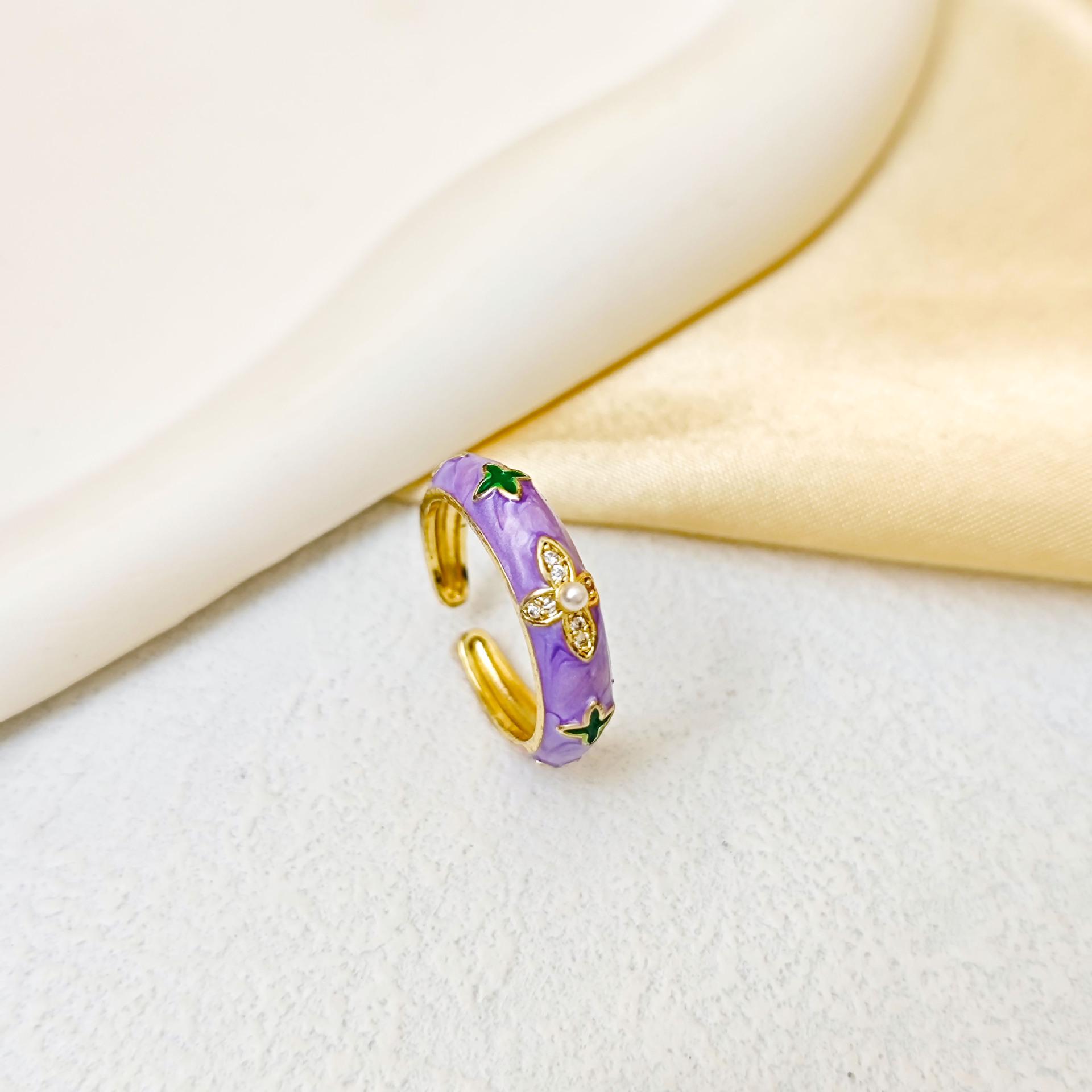 Cloisonné Pearl Four-Leaf Clover Enamel Ring with Drip Glaze - Women s Luxury Jewelry