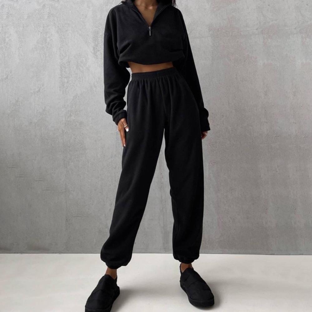 Solid Women Color Sleeve Long V Neck Hoodies Suit Autumn Winter Loose Top Wide Leg Pants