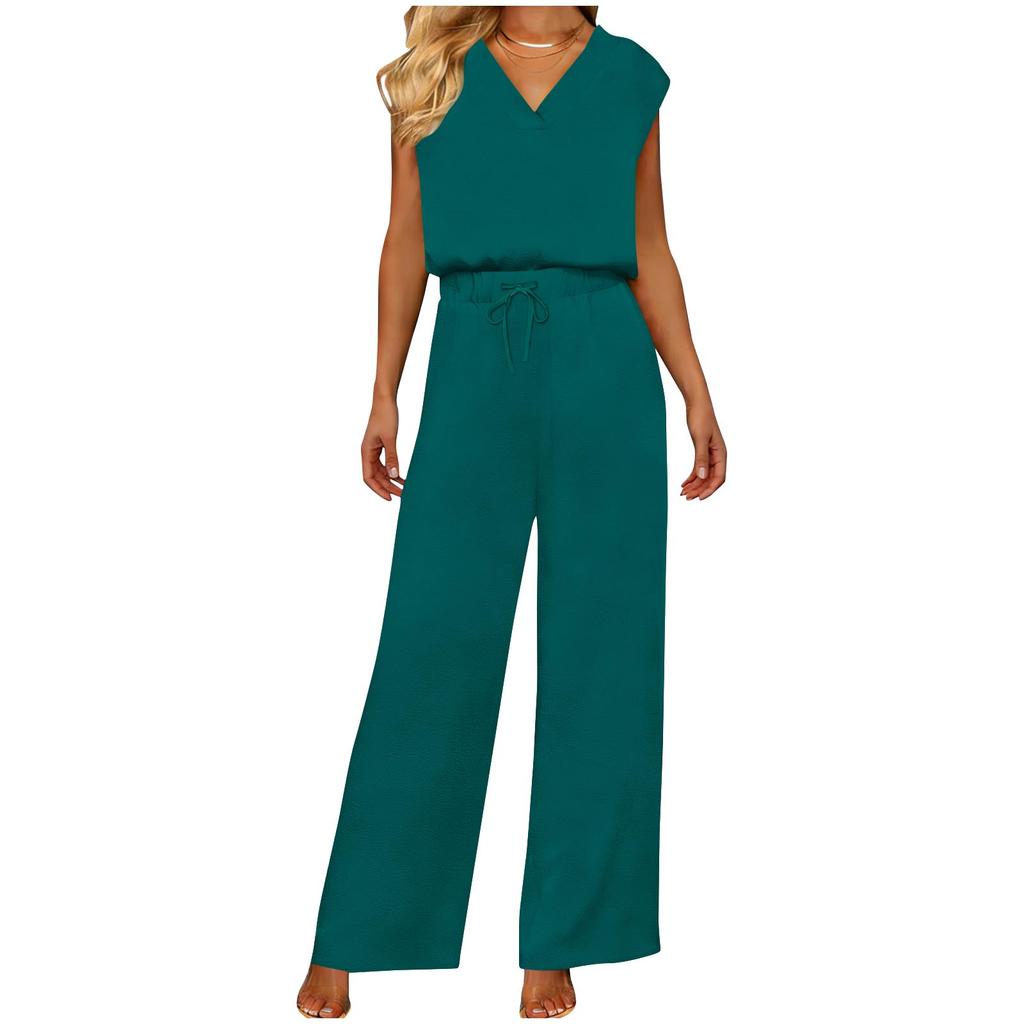 Women Sleeveless V Neck Jumpsuit with Adjustable Waist and Wide Leg Design for Comfortable All Day Wear