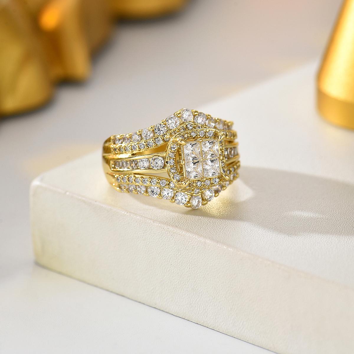 

Fashion Clear Crystal Ring Double Row Paved Zircon Halo Ring Anniversary Gift For Women