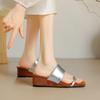 Summer women's cool slippers square head medium heel size sandals new casual rubber sole silver wedge heel slippers women