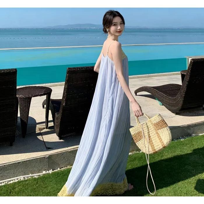 Seaside atmosphere long dress super fairy beach skirt women s summer Sanya seaside vacation dress suspender skirt S