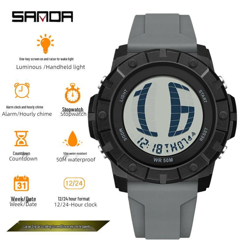 Sanda Multifunctional Waterproof Luminous Electronic Watch for Students – Unisex with Raise Hand Light Feature.