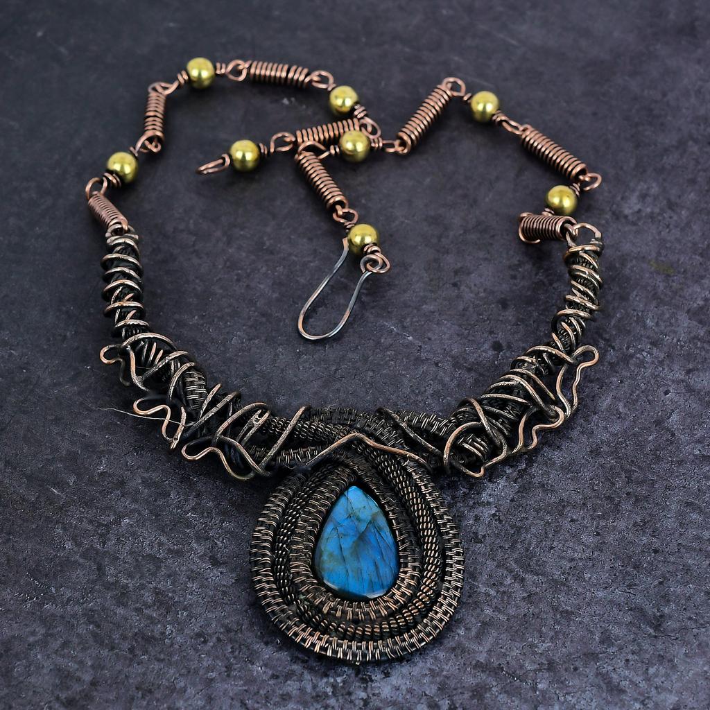 Labradorite Gemstone Handmade Copper Wire Wrap Jewelry Necklace 18" J8L36