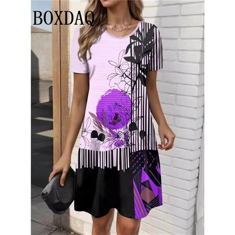 2025 New Women's Casual Dress Summer Bohemian Elegant Women's O-Neck Short Sleeve Dress Fashion Painted Printed Loose Mini Dress