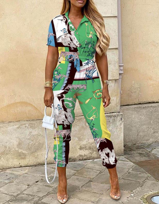 Summer Women's Casual Button-Up Print Waistband Jumpsuit