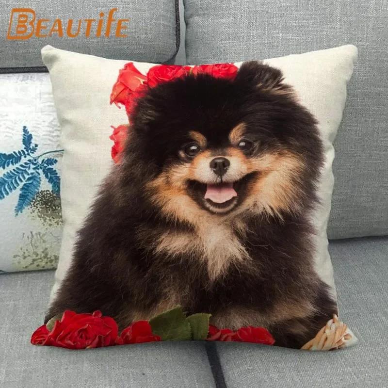 Nice Pomeranian Dog Pillowcase Bedroom Home Decorative Cover 45x45cm Square Zipper Pillow Cases Cotton Linen Fabric No Fade
