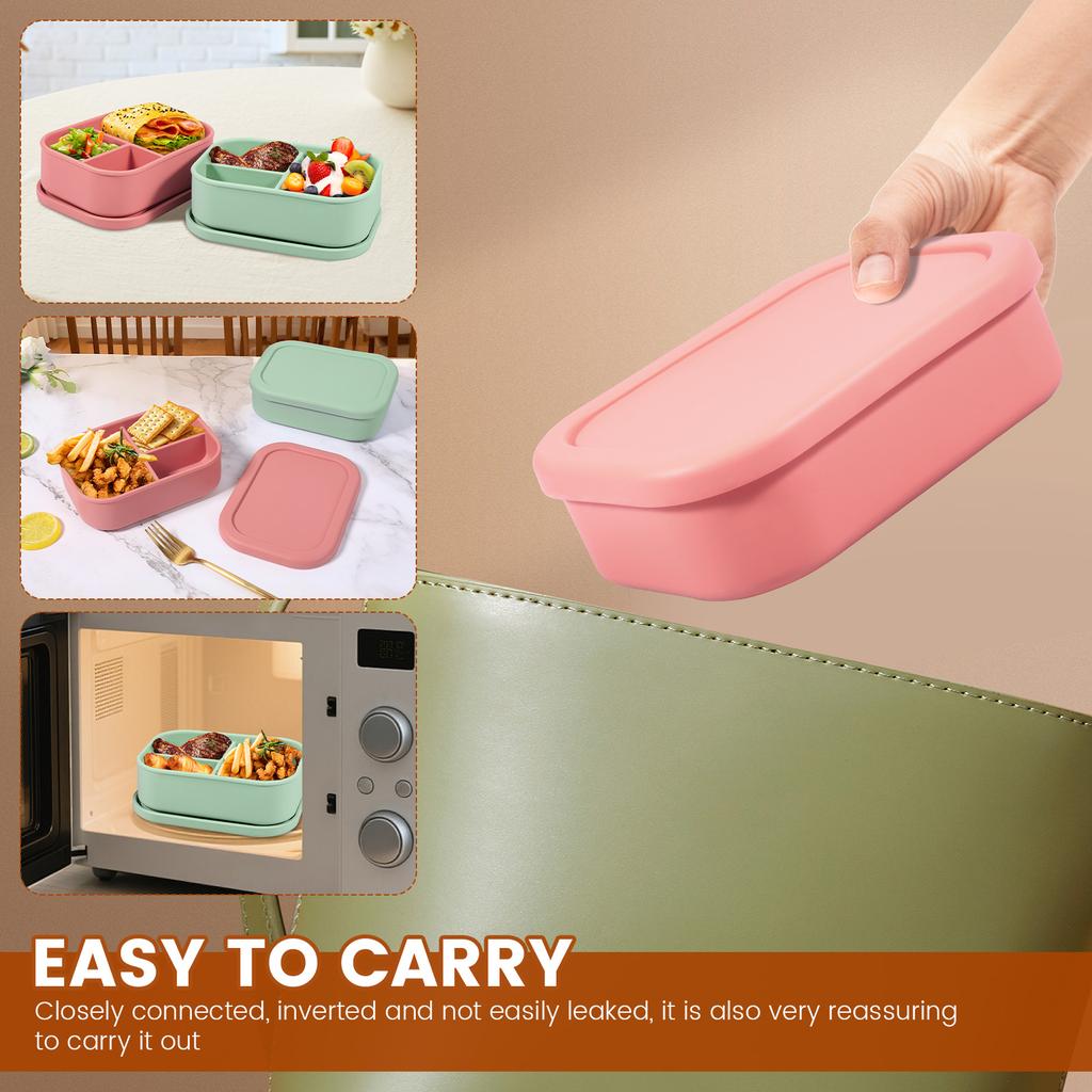 2Pcs Silicone Food Box with 3 Compartment Reusable Food Container Microwave Safe Meal Prep Box for Work Office and On The Go