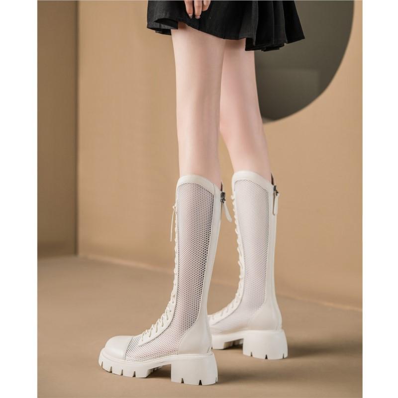 New Spring Summer Soft Leather Thin Breathable Thick-soled Cool Boots with Lace-up Mesh Knight Boots  C1225